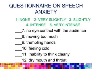 QUESTIONNAIRE ON SPEECH
ANXIETY
1- NONE 2- VERY SLIGHTLY 3- SLIGHTLY
4- INTENSE 5- VERY INTENSE
___7. no eye contact with the audience
___8. moving too much
___9. trembling hands
___10. feeling cold
___11. inability to think clearly
___12. dry mouth and throat
03/21/14 18Gull zareen
 