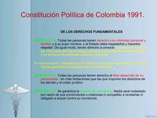 DE LOS DERECHOS FUNDAMENTALES
ARTÍCULO 15. Todas las personas tienen derecho a su intimidad personal y
familiar y a su buen nombre, y el Estado debe respetarlos y hacerlos
respetar. De igual modo, tienen derecho a conocer, actualizar y rectificar
las informaciones que se hayan recogido sobre ellas en bancos de datos
y en archivos de entidades públicas y privadas.
En la recolección, tratamiento y circulación de datos se respetarán la libertad y
demás garantías consagradas en la Constitución. ….
ARTICULO 16. Todas las personas tienen derecho al libre desarrollo de su
personalidad sin más limitaciones que las que imponen los derechos de
los demás y el orden jurídico.
ARTICULO 18. Se garantiza la libertad de conciencia. Nadie será molestado
por razón de sus convicciones o creencias ni compelido a revelarlas ni
obligado a actuar contra su conciencia.
Constitución Política de Colombia 1991.
 