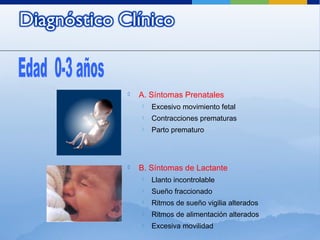  A. Síntomas Prenatales
 Excesivo movimiento fetal
 Contracciones prematuras
 Parto prematuro
 B. Síntomas de Lactante
 Llanto incontrolable
 Sueño fraccionado
 Ritmos de sueño vigilia alterados
 Ritmos de alimentación alterados
 Excesiva movilidad
 