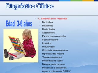  C. Síntomas en el Preescolar
 Berrinches
 Irritabilidad
 Desinhibidos
 Absorbentes
 Parece que no escucha
 Sueña despierto
 Inquietud
 Impulsividad
 Comportamiento agresivo
 Hiperactividad motora
 “Dolores de piernas”
 Problemas de sueño
 Baja ganancia de peso
 Propensión a accidentes
 Algunos criterios del DSM IV
 