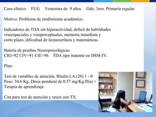 Caso clínico: FUG Femenina de 9 años. Gdo. 3ero. Primaria regular.
Motivo: Problema de rendimiento académico.
Indicadores de TDA sin hiperactividad, deficit de habildiades
visoespaciales y visoperceptuales, memoria inmediata y
corto plazo, dificultad de lectoescritura y matemáticas.
Batería de pruebas Neuropsicológicas
CIG>92 CIV>91 CIE>96 TDA tipo inatento en DSM-IV.
Plan:
Test de variables de atención. Ritalin LA (20) 1 - 0
Peso: 34.6 Kg. Dósis ponderal de 0.57 mg/Kg/Dia) +
Terapia de aprendizaje.
Cita para test de atención y retest con TX.
 