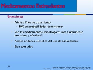 69
Estimulantes
 Primera línea de tratamiento1
– 80% de probabilidades de funcionar
 Son los medicamentos psicotrópicos más ampliamente
prescritos y efectivos1,2
 Amplia evidencia científica del uso de estimulantes2
 Bien tolerados
1
American Academy of Pediatrics. Pediatrics 2001: 108:1033–1044.
2
Greenhill L, et al. J Am Acad Child Adolesc Psychiatry 2002: 41(2 Suppl):26S–49S.
 