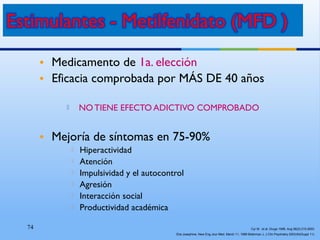 74
• Medicamento de 1a. elección
• Eficacia comprobada por MÁS DE 40 años
 NOTIENE EFECTO ADICTIVO COMPROBADO
• Mejoría de síntomas en 75-90%
 Hiperactividad
 Atención
 Impulsividad y el autocontrol
 Agresión
 Interacción social
 Productividad académica
Cyr M. et al. Drugs 1998, Aug 56(2):215-2003
Elia Josephine, New Eng Jour Med, March 11, 1999 Biderman J, J Clin Psychiatry 2003;64(Suppl 11)
 