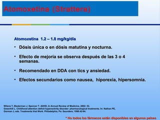 Atomoxetina 1.2 – 1.8 mg/kg/díaAtomoxetina 1.2 – 1.8 mg/kg/día
• Dósis única o en dósis matutina y nocturna.Dósis única o en dósis matutina y nocturna.
• Efecto de mejoría se observa después de las 3 o 4Efecto de mejoría se observa después de las 3 o 4
semanas.semanas.
• Recomendado en DDA con tics y ansiedad.Recomendado en DDA con tics y ansiedad.
• Efectos secundarios como nausea, hiporexia, hipersomnia.Efectos secundarios como nausea, hiporexia, hipersomnia.
Wilens T, Biederman J, Spencer T. ADHD, In Annual Review of Medicine, 2002: 53.
Greenhill L. Childhood attention deficit hyperactivity disorder: pharmacological treatments. In: Nathan PE,
Gorman J, eds. Treatments that Work. Philadelphia, Pa: Saunders; 1998:42-64.
* No todos los fármacos están disponibles en algunos países* No todos los fármacos están disponibles en algunos países
Atomoxetina (Strattera)
 