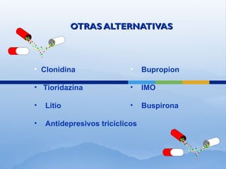 LECC
• Clonidina
• Tioridazina
• Litio
• Antidepresivos triciclicos
• Bupropion
• IMO
• Buspirona
OTRAS ALTERNATIVASOTRAS ALTERNATIVAS
 