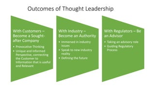 Outcomes of Thought Leadership
With Customers –
Become a Sought-
after Company
• Provocative Thinking
• Unique and Informed
Perspective, connecting
the Customer to
Information that is useful
and Relevant
With Industry –
Become an Authority
• Immersed in industry
issues
• Speak to new industry
reality
• Defining the future
With Regulators – Be
an Advisor
• Taking an advisory role
• Guiding Regulatory
Process
 