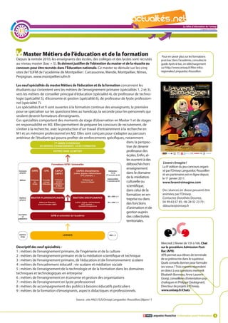 La lettre d'information de l'onisep

  21
                                                                                                                                                     Languedoc-Roussillon




    Master Métiers de l’éducation et de la formation                                                            Pour en savoir plus sur les formations
Depuis la rentrée 2010, les enseignants des écoles, des collèges et des lycées sont recrutés                   post-bac dans l’académie, consultez le
au niveau master (bac + 5). Ils doivent justifier de l’obtention du master et de la réussite au                guide Après le bac, en téléchargement
concours pour être recrutés dans l’Éducation nationale. Ce master se déroule sur les cinq                      sur http://www.onisep.fr/Mes-infos-
sites de l’IUFM de l’académie de Montpellier : Carcassonne, Mende, Montpellier, Nîmes,                         regionales/Languedoc-Roussillon
Perpignan. www.montpellier.iufm.fr

Les neuf spécialités du master Métiers de l’éducation et de la formation concernent les
étudiants qui s’orientent vers les métiers de l’enseignement primaire (spécialités 1, 2 et 3),
vers les métiers de conseiller principal d’éducation (spécialité 4), de professeur de techno-
logie (spécialité 5), d’économie et gestion (spécialité 6), de professeur de lycée profession-
nel (spécialité 7).
Les spécialités 8 et 9 sont ouvertes à la formation continue des enseignants, la première
pour se spécialiser sur les questions liées au handicap, la seconde pour les personnels qui
veulent devenir formateurs d’enseignants.
Ces spécialités comportent des moments de stage d’observation en Master 1 et de stages
en responsabilité en M2. Elles permettent de préparer les concours de recrutement, de
s’initier à la recherche, avec la production d’un travail d’entraînement à la recherche en
M1 et un mémoire professionnel en M2. Elles sont conçues pour s’adapter au parcours
antérieur de l’étudiant qui pourra profiter de renforcements spécifiques, notamment              La         lettre d'information de l'onisep
                                                                              dans la perspec-                                       Languedoc-Roussillon
                                                                              tive de devenir
                                                                              professeur des
                                                                              écoles. Enfin, el-
                                                                              les ouvrent à des
                                                                              débouchés hors                     L’avenir s’imagine !
                                                                                                                La 8e édition du jeu-concours organi-
                                                                              enseignement
                                                                                                                sé par l’Onisep Languedoc-Roussillon
                                                                              dans le domaine                   et ses partenaires est en ligne depuis
                                                                              de la médiation                   le 11 janvier 2011.
                                                                              culturelle ou                     www.lavenirsimagine.com
                                                                              scientifique,
                                                                              dans celui de la                  Des séances en classe peuvent être
                                                                              formation en en-                  animées par l’Onisep.
                                                                              treprise ou dans                  Contactez Dorothée Douriez,
                                                                              des fonctions                     04 99 63 67 85 ; 06 28 32 23 73 ;
                                                                                                                ddouriez@onisep.fr
                                                                              d’animation et de
                                                                              gestion auprès
                                                                              des collectivités
                                                                              territoriales.




                                                                                                               Mercredi 2 février de 15h à 16h, Chat
Descriptif des neuf spécialités :                                                                              sur la procédure Admission Post-
1 : métiers de l’enseignement primaire, de l’ingénierie et de la culture                                       Bac (APB)
2 : métiers de l’enseignement primaire et de la médiation scientifique et technique                            APB permet aux élèves de terminale
3 : métiers de l’enseignement primaire, de l’éducation et de l’environnement scolaire                          de se préinscrire dans le supérieur.
                                                                                                               Quels conseils donner pour formuler
4 : métiers de l’encadrement éducatif : vie scolaire et médiation sociale
                                                                                                               ses voeux ? Trois experts répondent
5 : métiers de l’enseignement de la technologie et de la formation dans les domaines                           en direct à vos questions mercredi
techniques et technologiques en entreprise                                                                     Elisabeth Bonneau, Anne Laurent-
6 : métiers de l’enseignement en économie et gestion des organisations                                         Giorgi, conseillères d’orientation-psy-
7 : métiers de l’enseignement en lycée professionnel                                                           chologues et Philippe Daubignard,
8 : métiers de accompagnement des publics à besoins éducatifs particuliers                                     Directeur de projets à l’Onisep.
9 : métiers de la formation d’enseignants, aspects didactiques et professionnels.                              www.onisep.fr/Chats

                                          Source : site AN21/SJS/Onisep Languedoc-Roussillon/28janv11




                                                                                                        Languedoc-Roussillon L’information avant l’information 3
 