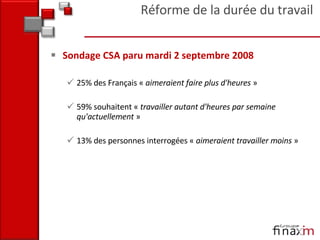 Sondage CSA paru mardi 2 septembre 2008 25% des Français «  aimeraient faire plus d'heures  » 59% souhaitent «  travailler autant d'heures par semaine qu'actuellement  » 13% des personnes interrogées «  aimeraient travailler moins  »  Réforme de la durée du travail 