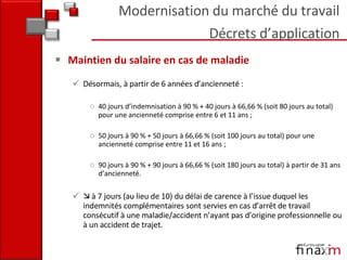 Maintien du salaire en cas de maladie Désormais, à partir de 6 années d’ancienneté : 40 jours d’indemnisation à 90 % + 40 jours à 66,66 % (soit 80 jours au total) pour une ancienneté comprise entre 6 et 11 ans ;  50 jours à 90 % + 50 jours à 66,66 % (soit 100 jours au total) pour une ancienneté comprise entre 11 et 16 ans ;  90 jours à 90 % + 90 jours à 66,66 % (soit 180 jours au total) à partir de 31 ans d’ancienneté.     à 7 jours (au lieu de 10) du délai de carence à l’issue duquel les indemnités complémentaires sont servies en cas d’arrêt de travail consécutif à une maladie/accident n’ayant pas d’origine professionnelle ou à un accident de trajet. Modernisation du marché du travail Décrets d’application 