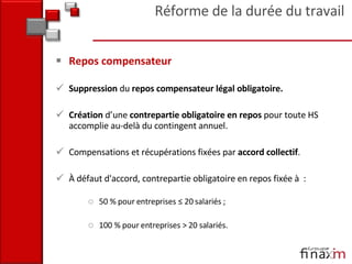 Repos compensateur Suppression  du  repos compensateur légal obligatoire. Création  d’une  contrepartie obligatoire en repos  pour toute HS accomplie au-delà du contingent annuel. Compensations et récupérations fixées par  accord collectif . À défaut d'accord, contrepartie obligatoire en repos fixée à  :  50 % pour entreprises ≤ 20 salariés ;  100 % pour entreprises > 20 salariés.  Réforme de la durée du travail 