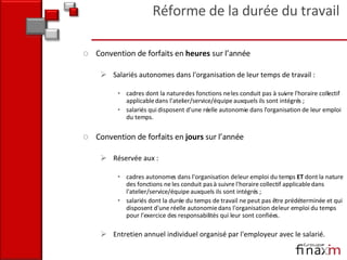 Convention de forfaits en  heures  sur l’année  Salariés autonomes dans l'organisation de leur temps de travail : cadres dont la nature des fonctions ne les conduit pas à suivre l'horaire collectif applicable dans l'atelier/service/équipe auxquels ils sont intégrés ;  salariés qui disposent d'une réelle autonomie dans l'organisation de leur emploi du temps.  Convention de forfaits en  jours  sur l’année  Réservée aux : cadres autonomes dans l'organisation de leur emploi du temps  ET  dont la nature des fonctions ne les conduit pas à suivre l'horaire collectif applicable dans l'atelier/service/équipe auxquels ils sont intégrés ;  salariés dont la durée du temps de travail ne peut pas être prédéterminée et qui disposent d'une réelle autonomie dans l'organisation de leur emploi du temps pour l'exercice des responsabilités qui leur sont confiées.  Entretien annuel individuel organisé par l'employeur avec le salarié. Réforme de la durée du travail 