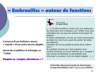 15
Embrouilles, déconvenues et joies du droit d'auteur
au pays des fanfictions, Lise F., MadmoiZelle, 18/08/16
L’auteure d...