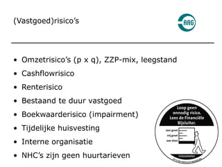 (Vastgoed)risico’s Omzetrisico’s (p x q), ZZP-mix, leegstand Cashflowrisico Renterisico Bestaand te duur vastgoed Boekwaarderisico (impairment) Tijdelijke huisvesting Interne organisatie NHC’s zijn geen huurtarieven  