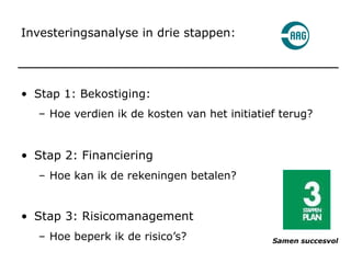 Investeringsanalyse in drie stappen: Stap 1: Bekostiging: Hoe verdien ik de kosten van het initiatief terug? Stap 2: Financiering Hoe kan ik de rekeningen betalen? Stap 3: Risicomanagement Hoe beperk ik de risico’s? 