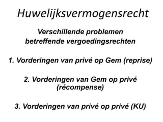 Huwelijksvermogensrecht
Verschillende problemen
betreffende vergoedingsrechten
1. Vorderingen van privé op Gem (reprise)
2. Vorderingen van Gem op privé
(récompense)
3. Vorderingen van privé op privé (KU)
 