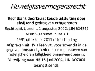 Rechtbank doorkruist koude uitsluiting door
afwijkend gedrag van echtgenoten
Rechtbank Utrecht, 1 augustus 2012, LJN BX4241
M en V gehuwd: pure KU
1991 uit elkaar, 2011 echtscheiding
Afspraken uit HV alleen v.t. voor zover dit in de
gegeven omstandigheden naar maatstaven van
redelijkheid en billijkheid onaanvaardbaar is.
Verwijzing naar HR 18 juni 2004, LJN AO7004
beangstigend!!
Huwelijksvermogensrecht
 