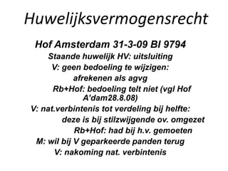 Huwelijksvermogensrecht
Hof Amsterdam 31-3-09 BI 9794
Staande huwelijk HV: uitsluiting
V: geen bedoeling te wijzigen:
afrekenen als agvg
Rb+Hof: bedoeling telt niet (vgl Hof
A’dam28.8.08)
V: nat.verbintenis tot verdeling bij helfte:
deze is bij stilzwijgende ov. omgezet
Rb+Hof: had bij h.v. gemoeten
M: wil bij V geparkeerde panden terug
V: nakoming nat. verbintenis
 