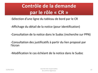 Contrôle de la demande
par le rôle « CR »
-Sélection d’une ligne du tableau de bord par le CR
-Affichage du détail de la n...