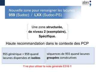 Nouvelle zone pour renseigner les lacunes
959 (Sudoc) / LXX (Sudoc-PS)
Une zone structurée,
de niveau 2 (exemplaire),
Spéc...