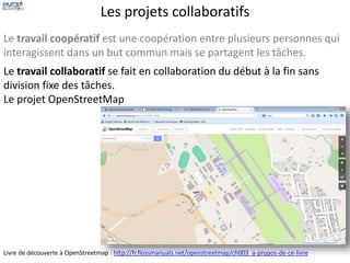 Les projets collaboratifs 
Le travail coopératif est une coopération entre plusieurs personnes qui 
interagissent dans un but commun mais se partagent les tâches. 
Le travail collaboratif se fait en collaboration du début à la fin sans 
division fixe des tâches. 
Le projet OpenStreetMap 
Livre de découverte à OpenStreetmap : http://fr.flossmanuals.net/openstreetmap/ch003_a-propos-de-ce-livre 
 