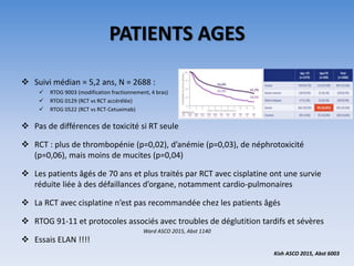 PATIENTS AGES
 Suivi médian = 5,2 ans, N = 2688 :
 RTOG 9003 (modification fractionnement, 4 bras)
 RTOG 0129 (RCT vs RCT accérélée)
 RTOG 0522 (RCT vs RCT-Cetuximab)
 Pas de différences de toxicité si RT seule
 RCT : plus de thrombopénie (p=0,02), d’anémie (p=0,03), de néphrotoxicité
(p=0,06), mais moins de mucites (p=0,04)
 Les patients âgés de 70 ans et plus traités par RCT avec cisplatine ont une survie
réduite liée à des défaillances d’organe, notamment cardio-pulmonaires
 La RCT avec cisplatine n’est pas recommandée chez les patients âgés
 RTOG 91-11 et protocoles associés avec troubles de déglutition tardifs et sévères
 Essais ELAN !!!!
Kish ASCO 2015, Abst 6003
Ward ASCO 2015, Abst 1140
 