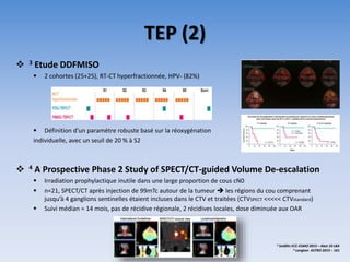TEP (2)
 3 Etude DDFMISO
 2 cohortes (25+25), RT-CT hyperfractionnée, HPV- (82%)
 Définition d’un paramètre robuste basé sur la réoxygénation
individuelle, avec un seuil de 20 % à S2
 4 A Prospective Phase 2 Study of SPECT/CT-guided Volume De-escalation
 Irradiation prophylactique inutile dans une large proportion de cous cN0
 n=21, SPECT/CT après injection de 99mTc autour de la tumeur  les régions du cou comprenant
jusqu’à 4 ganglions sentinelles étaient incluses dans le CTV et traitées (CTVSPECT <<<<< CTVstandard)
 Suivi médian = 14 mois, pas de récidive régionale, 2 récidives locales, dose diminuée aux OAR
3 Seidlitz ECC-ESMO 2015 – Abst 10 LBA
4 Longton ASTRO 2015 – 161
 