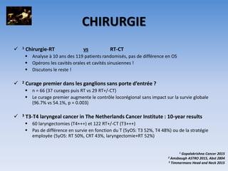 CHIRURGIE
 1 Chirurgie-RT vs RT-CT
 Analyse à 10 ans des 119 patients randomisés, pas de différence en OS
 Opérons les cavités orales et cavités sinusiennes !
 Discutons le reste !
 2 Curage premier dans les ganglions sans porte d’entrée ?
 n = 66 (37 curages puis RT vs 29 RT+/-CT)
 Le curage premier augmente le contrôle locorégional sans impact sur la survie globale
(96.7% vs 54.1%, p = 0.003)
 3 T3-T4 laryngeal cancer in The Netherlands Cancer Institute : 10-year results
 60 laryngectomies (T4+++) et 122 RT+/-CT (T3+++)
 Pas de différence en survie en fonction du T (5yOS: T3 52%, T4 48%) ou de la stratégie
employée (5yOS: RT 50%, CRT 43%, laryngectomie+RT 52%)
1 Gopalakrishna Cancer 2015
2 Amsbaugh ASTRO 2015, Abst 2804
3 Timmermans Head and Neck 2015
 