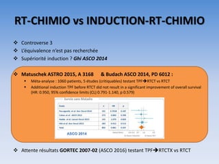 RT-CHIMIO vs INDUCTION-RT-CHIMIO
 Controverse 3
 L’équivalence n’est pas recherchée
 Supériorité induction ? Ghi ASCO 2014
 Matuschek ASTRO 2015, A 3168 & Budach ASCO 2014, PD 6012 :
 Méta-analyse : 1060 patients, 5 études (critiquables) testant TPFRTCT vs RTCT
 Additional induction TPF before RTCT did not result in a significant improvement of overall survival
(HR: 0.950, 95% confidence limits (CL) 0.791-1.140, p 0.579)
 Attente résultats GORTEC 2007-02 (ASCO 2016) testant TPFRTCTX vs RTCT
ASCO 2014
 