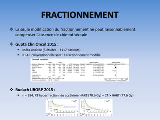 FRACTIONNEMENT
 La seule modification du fractionnement ne peut raisonnablement
compenser l’absence de chimiothérapie
 G...