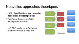 Nouvelles approches théoriques
• FRBR : Spécifications fonctionnelles
des notices bibliographiques
• Functional Requirements for
Bibliographic Records
• Voir RDF : cadre de definition des
relations  Vers le Web 3.0

 