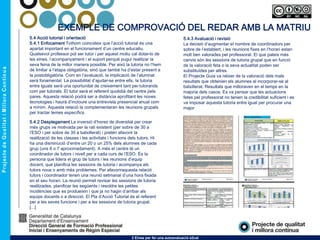 2 Eines per fer una autoavaluació e2cat
EXEMPLE DE COMPROVACIÓ DEL REDAR AMB LA MATRIU
5.4 Acció tutorial i orientació
5.4.1 Enfocament Tothom coincideix que l’acció tutorial és una
apartat important en el funcionament d’un centre educatiu.
Qualsevol professor pot ser tutor i per aquest motiu cal dotar-lo de
les eines, l’acompanyament i el suport perquè pugui realitzar la
seva feina de la millor manera possible. Per això la tutoria no l’hem
de limitar a l’etapa obligatòria, sinó que també ha d’estar present a
la postobligatòria. Com en l’avaluació, la implicació de l’alumnat
serà fonamental. La possibilitat d’ajudar-se entre ells, la tutoria
entre iguals serà una oportunitat de creixement tant per tutorands
com per tutorats. El tutor serà el referent quotidià del centre pels
pares. Aquesta relació podrà ser a distància aprofitant les noves
tecnologies i haurà d’incloure una entrevista presencial anual com
a mínim. Aquesta relació la complementaran les reunions grupals
per tractar temes específics.
5.4.2 Desplegament La inversió d’hores de diversitat per crear
més grups ve motivada per la rati existent (per sobre de 30 a
l’ESO i per sobre de 35 a batxillerat) i pretén afavorir la
realització de les classes i les activitats i funcions dels tutors. Hi
ha una disminució d’entre un 20 o un 25% dels alumnes de cada
grup (uns 6 o 7 aproximadament). A més el centre té un
coordinador de tutors i nivell per a cada curs de l’ESO. És la
persona que lidera el grup de tutors i les reunions d’equip
docent, que planifica les sessions de tutoria i acompanya als
tutors nous o amb més problemes. Per afavoriraquesta relació
tutors i coordinador tenen una reunió setmanal d’una hora fixada
en el seu horari. La reunió permet revisar les sessions de tutoria
realitzades, planificar les següents i resoldre les petites
incidències que es produeixin i que ja no hagin d’arribar als
equips docents o a direcció. El Pla d’Acció Tutorial és el referent
per a les seves funcions i per a les sessions de tutoria grupal.
[...]
5.4.3 Avaluació i revisió
La decisió d’augmentar el nombre de coordinadors per
sobre de l’establert, i les reunions fixes en l’horari estan
molt ben valorades pel professorat. El que pateix més
canvis són les sessions de tutoria grupal que en funció
de la valoració feta o la seva actualitat poden ser
substituïdes per altres.
El Projecte Guia va néixer de la valoració dels mals
resultats que obtenien els alumnes al incorporar-se al
batxillerat. Resultats que milloraven en el temps en la
majoria dels casos. Es va pensar que les actuacions
fetes pel professorat no tenien la credibilitat suficient i es
va imposar aquesta tutoria entre igual per procurar una
major
 