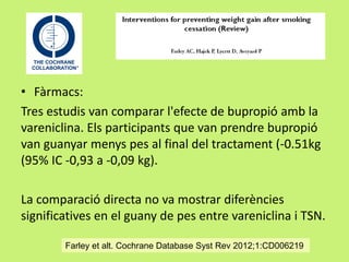• Fàrmacs:
Tres estudis van comparar l'efecte de bupropió amb la
vareniclina. Els participants que van prendre bupropió
van guanyar menys pes al final del tractament (-0.51kg
(95% IC -0,93 a -0,09 kg).
La comparació directa no va mostrar diferències
significatives en el guany de pes entre vareniclina i TSN.
Farley et alt. Cochrane Database Syst Rev 2012;1:CD006219

 