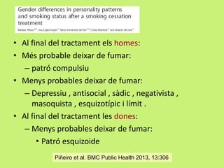 • Al final del tractament els homes:
• Més probable deixar de fumar:
– patró compulsiu
• Menys probables deixar de fumar:
– Depressiu , antisocial , sàdic , negativista ,
masoquista , esquizotípic i límit .
• Al final del tractament les dones:
– Menys probables deixar de fumar:
• Patró esquizoide
Piñeiro et al. BMC Public Health 2013, 13:306

 