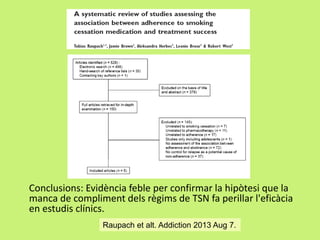 Conclusions: Evidència feble per confirmar la hipòtesi que la
manca de compliment dels règims de TSN fa perillar l'eficàcia
en estudis clínics.
Raupach et alt. Addiction 2013 Aug 7.

 