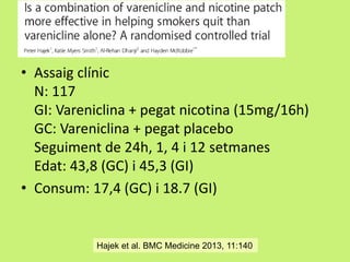 • Assaig clínic
N: 117
GI: Vareniclina + pegat nicotina (15mg/16h)
GC: Vareniclina + pegat placebo
Seguiment de 24h, 1, 4 i 12 setmanes
Edat: 43,8 (GC) i 45,3 (GI)
• Consum: 17,4 (GC) i 18.7 (GI)

Hajek et al. BMC Medicine 2013, 11:140

 