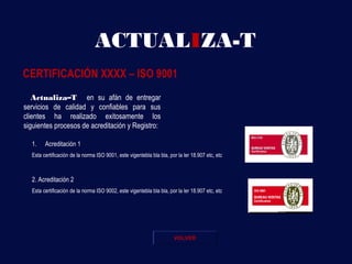 ACTUALIZA-T
CERTIFICACIÓN XXXX – ISO 9001
  Actualiza–T en su afán de entregar
servicios de calidad y confiables para sus
clientes ha realizado exitosamente los
siguientes procesos de acreditación y Registro:

  1.    Acreditación 1
  Esta certificación de la norma ISO 9001, este vigentebla bla bla, por la ler 18.907 etc, etc



  2. Acreditación 2
  Esta certificación de la norma ISO 9002, este vigentebla bla bla, por la ler 18.907 etc, etc




                                                                      VOLVER
 