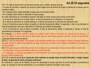 Art.29 24 segundos
29.2.2 El reloj de lanzamiento se reiniciará a 24 segundos siempre que se conceda un saque al equipo adversario
después de que un árbitro haya detenido el juego a causa de una falta o una violación cometida por el equipo con
control de balón.
29.2.3 Después de que el balón toque el aro de la canasta de los adversarios, el reloj de lanzamiento se reiniciará:
a 24 segundos si el equipo adversario obtiene el control del balón
a 14 segundos, si el equipo que obtiene el control del balón es el mismo equipo que tenía el control del balón antes
de que el balón tocase el aro.
29.2.4 Si el reloj de lanzamiento suena por error mientras un equipo tiene el control del balón o ningún equipo
lo tiene, se ignorará la señal y el juego continuará.
No obstante si, a juicio de los árbitros, se pone en desventaja al equipo que tiene el control del balón, se detendrá el
juego, se corregirá el reloj de lanzamiento y se concederá la posesión del balón a ese equipo.
29.2.1 El reloj de lanzamiento se reiniciará siempre que un árbitro detenga el juego:
A causa de una falta o violación (no porque el balón salga fuera del terreno de juego) cometida por el equipo que no
controla el balón,
Por cualquier razón válida atribuible al equipo que no controla el balón,
Por cualquier razón válida no atribuible a ningún equipo,
En estas situaciones se concederá la posesión del balón al mismo equipo que la tenía previamente:
Si el saque se administra en la pista trasera, el reloj de lanzamiento se reiniciará a 24 segundos.
Si el saque se administra en la pista delantera, el reloj de lanzamiento se reiniciará del siguiente modo:
- Si en el momento en que se detuvo el partido, el reloj de lanzamiento refleja 14 segundos o más, no se reiniciará el
reloj de lanzamiento, sino que continuará con el tiempo que restaba al detenerse.
- Si en el momento en que se detuvo el partido, el reloj de lanzamiento refleja 13 segundos o menos, el reloj de
lanzamiento se reiniciará a 14 segundos.
Sin embargo, si un árbitro detiene el juego por cualquier razón válida sin conexión con ninguno de los equipos y, a
juicio del árbitro, el reinicio del reloj de lanzamiento pone en desventaja al equipo contrario, el reloj de lanzamiento
continuará desde donde se detuvo.
 