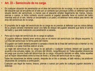 • Art. 33 – Semicírculo de no carga.
• En cualquier situación de penetración en el área del semicírculo de no-carga, no se sancionará falta
del atacante que se encuentra en el aire por un contacto que provoque contra un defensor que esté
situado dentro del semicírculo, a menos que el atacante emplee ilegalmente las manos, brazos,
piernas o cuerpo, si dicho contacto ocurre cuando el jugador atacante tiene el control del balón
mientras está en el aire, intenta un lanzamiento o un pase y el defensor tiene ambos pies dentro del
área del semicírculo de no carga.
• El propósito de la regla del semicírculo de no carga es no premiar al defensor que se coloca debajo
de su propia canasta intentando sacar una falta de ataque del jugador atacante que tiene el control
del balón y que está realizando una penetración a canasta.
• Para que la regla del semicírculo de no carga se aplique:
El jugador defensor deberá tener ambos pies en el interior del semicírculo (ver dibujos esquema 1).
La línea del semicírculo no forma parte del mismo
El jugador con balón deberá penetrar a canasta a través de la línea del semicírculo e intentar un tiro
a canasta o un pase mientras está en el aire.
La regla del semicírculo de no carga no se aplicará y cualquier contacto deberá ser juzgado de
acuerdo a las actuales reglas, (ej. principio del cilindro, carga/bloqueo) en Todas aquellas situaciones
de juego que ocurran fuera del semicírculo de no carga, incluyendo también en ellas, todas aquellas
que se hayan desarrollado entre la línea de fondo y el área del semicírculo de no carga.
Todas las situaciones de rebote cuando, después de un tiro a canasta, el baló rebota y se producen
situaciones de contactos a continuación.
Cualquier uso ilegal de manos, brazos, piernas o cuerpo por parte de cualquier jugador atacante o
defensor.
 
