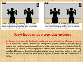 Desvirtuado mitos o creencias erróneas
1. Un defensa tiene que estar totalmente quieto para que un jugador en ofensiva le cometa
falta. Realidad: Una vez que un defensa ha conseguido la posición defensiva, el defensa puede
moverse para mantener esa posición defensiva y hasta puede tener uno o ambos pies fuera del
piso cuando hay contacto físico con el jugador en ofensiva, estos movimientos pueden ser lateral y
hacia tras. El jugador en defensa ha ganado la posición cuando tiene ambos pies en el piso y está
de frente al jugador en ofensiva. Esto aplica al jugador en defensa que está defendiendo el
manejo.
 