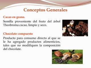 Conceptos Generales
Cacao en grano.
Semilla proveniente del fruto del árbol
Theobroma cacao, limpio y seco.
Chocolate compuesto
Producto para consumo directo al que se
le ha agregado productos alimenticios,
tales que no modifiquen la composición
del chocolate.
 