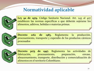 Ley 9a de 1979. Código Sanitario Nacional. Art. 243 al 427
establecen las normas específicas a que deberán sujetarse los
alimentos, aditivos, bebidas o materias primas.
Decreto 2162 de 1983. Reglamenta la producción,
procesamiento, transporte y expendio de los productos cárnicos
procesados
Decreto 3075 de 1997. Reglamenta las actividades de
fabricación, procesamiento, preparación, envase,
almacenamiento, transporte, distribución y comercialización de
alimentos en el territorio Colombiano.
Normatividad aplicable
19
 