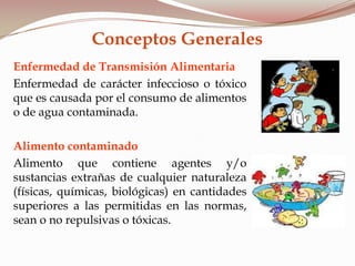 Enfermedad de Transmisión Alimentaria
Enfermedad de carácter infeccioso o tóxico
que es causada por el consumo de alimentos
o de agua contaminada.
Alimento contaminado
Alimento que contiene agentes y/o
sustancias extrañas de cualquier naturaleza
(físicas, químicas, biológicas) en cantidades
superiores a las permitidas en las normas,
sean o no repulsivas o tóxicas.
Conceptos Generales
 