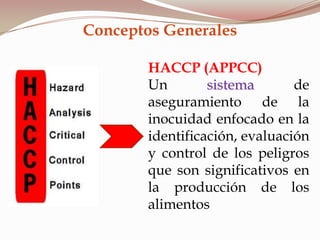 HACCP (APPCC)
Un sistema de
aseguramiento de la
inocuidad enfocado en la
identificación, evaluación
y control de los peligros
que son significativos en
la producción de los
alimentos
Conceptos Generales
 