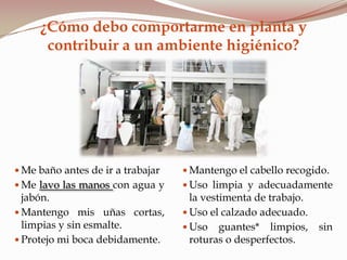 ¿Cómo debo comportarme en planta y
contribuir a un ambiente higiénico?
 Me baño antes de ir a trabajar
 Me lavo las manos con agua y
jabón.
 Mantengo mis uñas cortas,
limpias y sin esmalte.
 Protejo mi boca debidamente.
 Mantengo el cabello recogido.
 Uso limpia y adecuadamente
la vestimenta de trabajo.
 Uso el calzado adecuado.
 Uso guantes* limpios, sin
roturas o desperfectos.
 