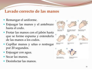 Lavado correcto de las manos
 Remangar el uniforme.
 Enjuagar las manos y el antebrazo
hasta el codo.
 Frotar las manos con el jabón hasta
que se forme espuma y extenderla
de las manos a los codos.
 Cepillar manos y uñas o restregar
por 20 segundos.
 Enjuagar con agua.
 Secar las manos.
 Desinfectar las manos.
50
 