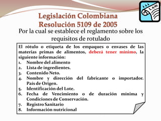 Por la cual se establece el reglamento sobre los
requisitos de rotulado
El rótulo o etiqueta de los empaques o envases de las
materias primas de alimentos, deberá tener mínimo, la
siguiente información:
1. Nombre del alimento
2. Lista de ingredientes.
3. Contenido Neto.
4. Nombre y dirección del fabricante o importador.
País de Origen.
5. Identificación del Lote.
6. Fecha de Vencimiento o de duración mínima y
Condiciones de Conservación.
7. Registro Sanitario
8. Información nutricional
 