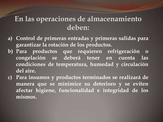 a) Control de primeras entradas y primeras salidas para
garantizar la rotación de los productos.
b) Para productos que requieren refrigeración o
congelación se deberá tener en cuenta las
condiciones de temperatura, humedad y circulación
del aire.
c) Para insumos y productos terminados se realizará de
manera que se minimice su deterioro y se eviten
afectar higiene, funcionalidad e integridad de los
mismos.
En las operaciones de almacenamiento
deben:
 