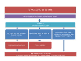 TRATAMIENTO ENDOVASCULAR
(si persiste la oclusión, NIHSS es mayor de 7, el tejido es viable y el paciente es <80 años)
ICTUS AGUDO 18-85 años
EVOLUCIÓN < 4,5 HORAS (hasta 12 horas en oclusión basilar)
TC CRANEAL
ANGIOTC Y TC DE PERFUSIÓN
OCLUSIÓN M1, TICA, BASILAR O
TANDEM ACI-ACM
FIBRINOLISIS INTRAVENOSA
OCLUSIÓN ACM-M2, ACM-M3, ACA,
ACP
TPA 0,9 MG/KG IV
CONTRAINDICACIÓN PARA LA
FIBRINOLISIS INTRAVENOSA PERO
POSIBLE LA INTRAARTERIAL*
 