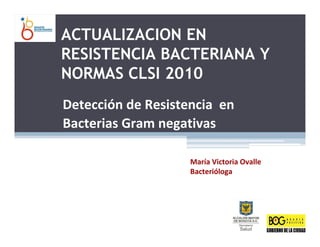 ACTUALIZACION EN
RESISTENCIA BACTERIANA Y
NORMAS CLSI 2010
Detección de Resistencia en
Bacterias Gram negativas
María Victoria Ovalle
Bacterióloga
 