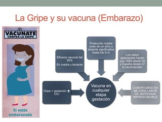 La Gripe y su vacuna (Embarazo)
Vacuna en
cualquier
etapa
gestación
Gripe + gestación 
UCI
Eficacia vacunal del
50%
En madre y lactante
Protección madre
(más de un año) y
lactante significativa
hasta los 6 m
Los datos
aplastantes hacen
que OMS desde 04
y España desde 07
la recomienden
COBERTURAS EN
MEJORÍA LABOR
DE MATRONAS
IMPRESCINDIBLE
 